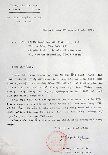 A letter from Trần Văn Thủy concerning $2,000.